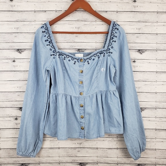 😍Aeropostale | Chambray Long Sleeve Peasant Top - Picture 2 of 6
